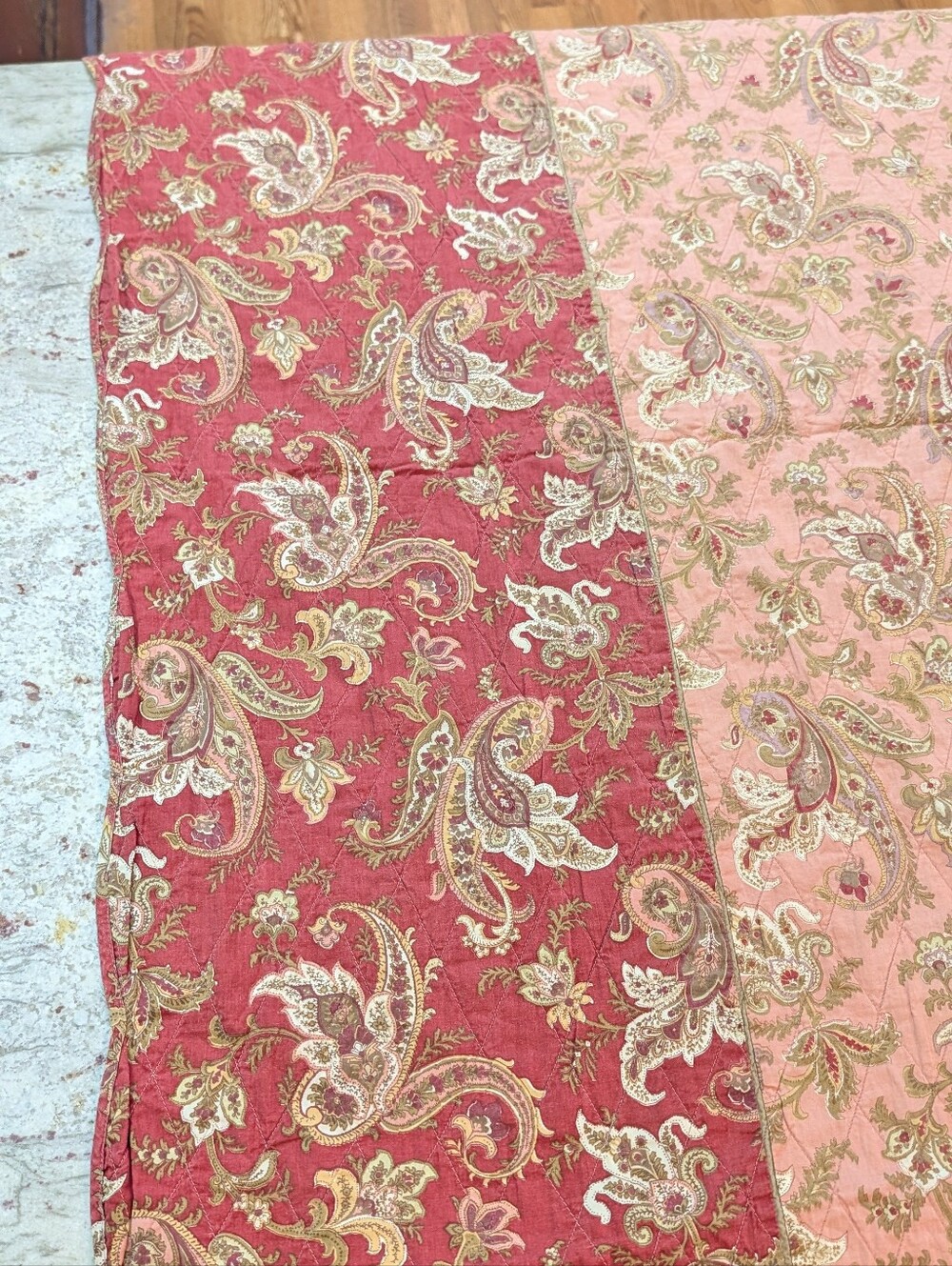 Williams Sonoma 70" Square Quilted Tablecloth Scalloped Paisley Terra Cotta VTG